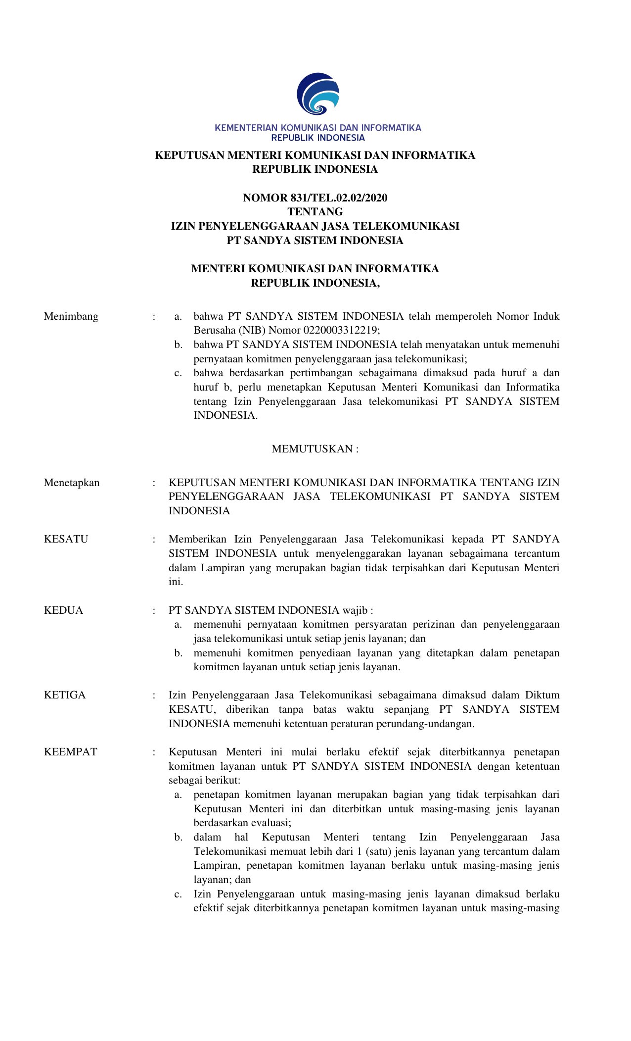 Halaman pertama dokumen perizinan